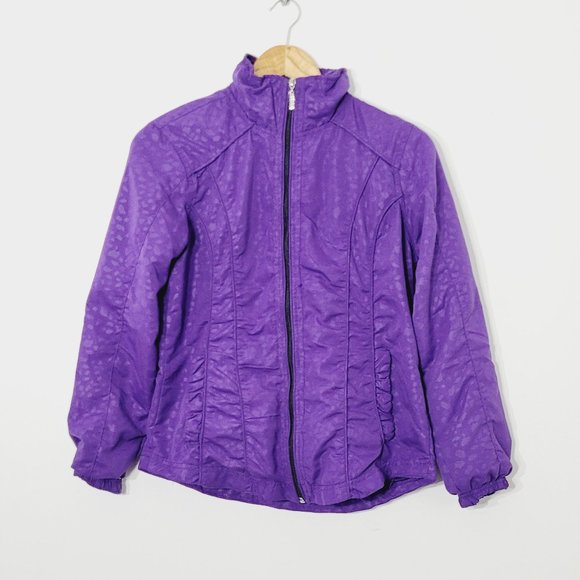 Three Hearts Windbreaker Jacket Purple Leopard Print Full Zip Rouched Front Sz S - Picture 1 of 12